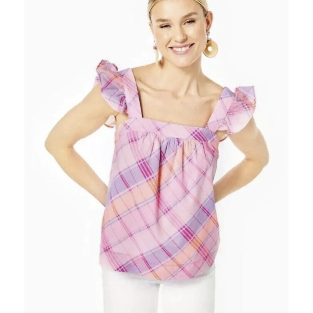 Lilly Pulitzer Pink Purple Plaid Ruffle Strap Square Neck Top Womens Blouse New